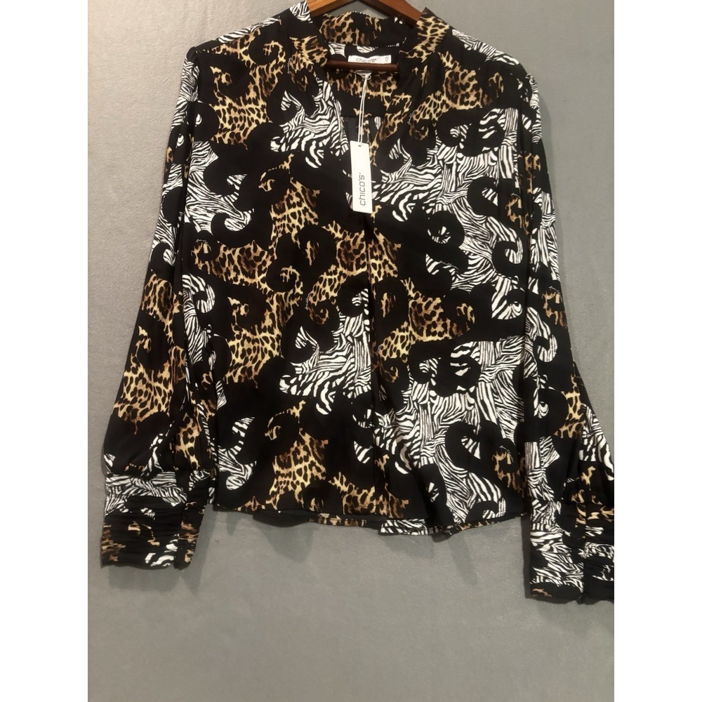 NEW Chico's Blouse Puff Sleeve Animal Print Zebra Leopard Paradise Jungle Sz 2.5